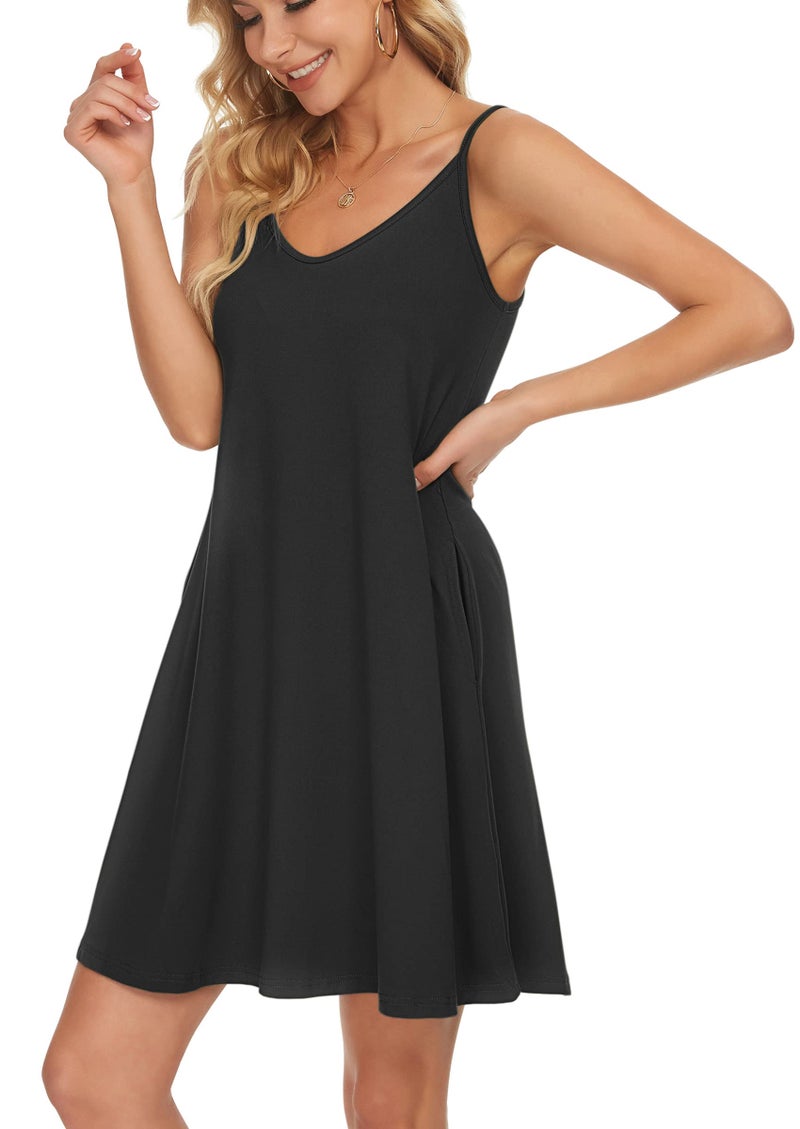 MISFAY Women's Summer Spaghetti Strap Casual Swing Tank Beach Cover Up Dress with Pockets (Black,M) - Image 3